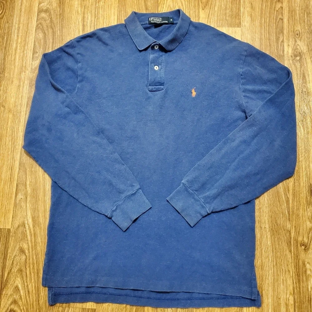 Vtg Polo Ralph Lauren Polo‎ Shirt Men Medium Blue Long Sleeve Orange Pony Preppy